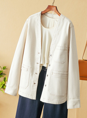 蛮文 爆款小禾 棉柔感水洗牛仔 小众设计三口袋V领牛仔外套 56028