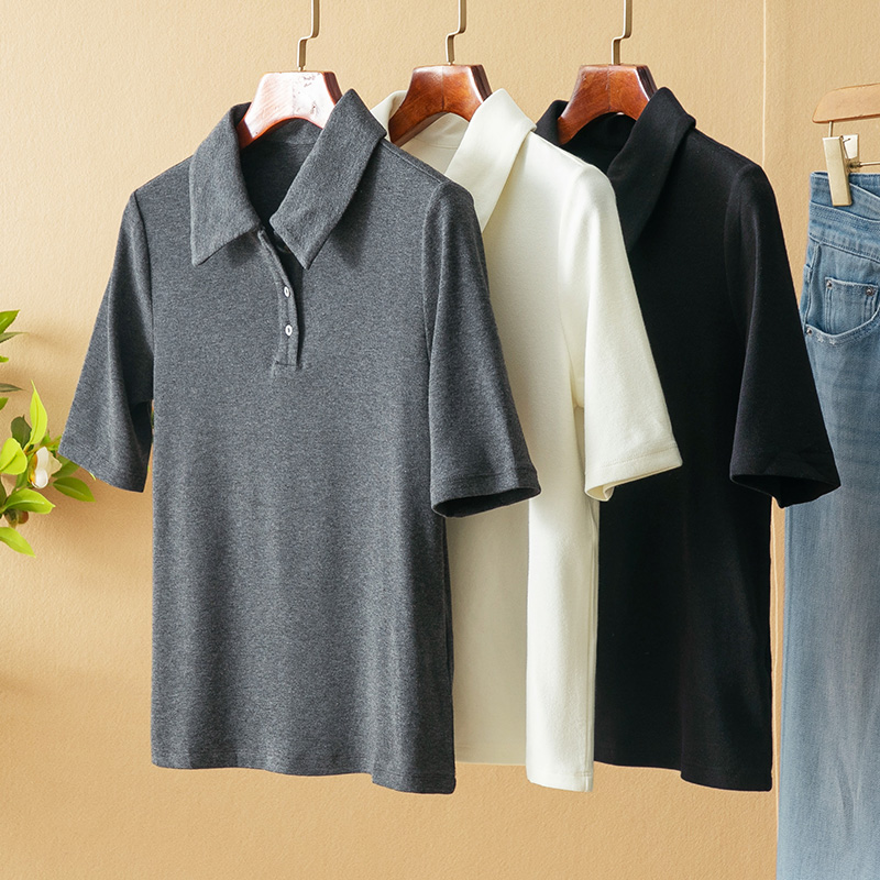 蛮文 显瘦知性好穿 春夏超细美丽诺羊毛POLO翻领针织短袖T女57023