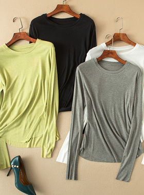 五星推荐~轻柔弹 桑蚕丝莱赛尔亲肤显瘦圆弧下摆面膜打底T女19136