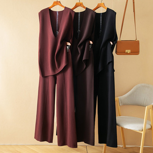 阔腿裤 蛮文 背心 紧致四平针绵羊毛深V领高开叉长款 一套穿气质范