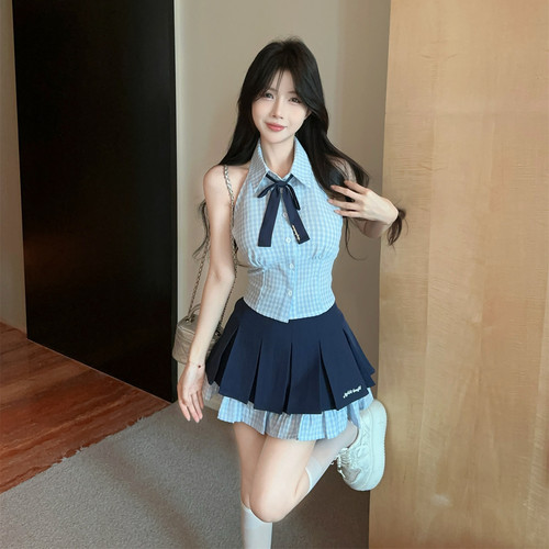 实拍实价学院风套装jk制服辣妹纯欲格子无袖挂脖衬衫高腰半身短裙