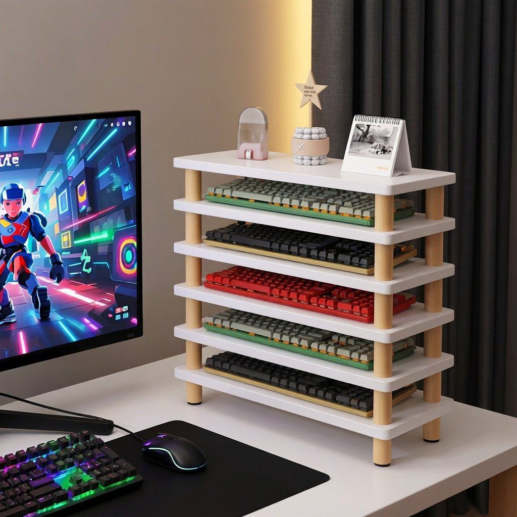 桌面键盘收纳架机械键盘展示架电脑桌上多层置物架木质防尘放置架,收纳整理,书桌收纳置物架,淘宝优惠券,粉丝福利购,淘宝优惠卷