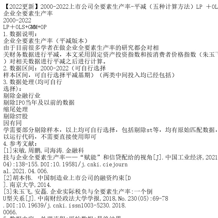 【2022更新】2000-2022上市公司全要素生产率-平减