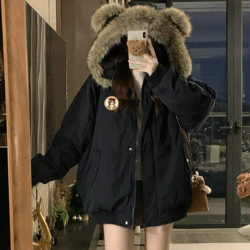 实拍 趣味小熊学生毛领棉服女2025款秋冬季加厚保暖棉衣外套男女