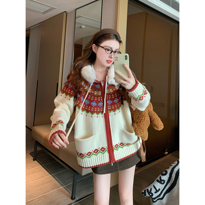 撞色提花毛领毛衣外套女2025新款冬季爆款高级感连帽针织开衫上衣