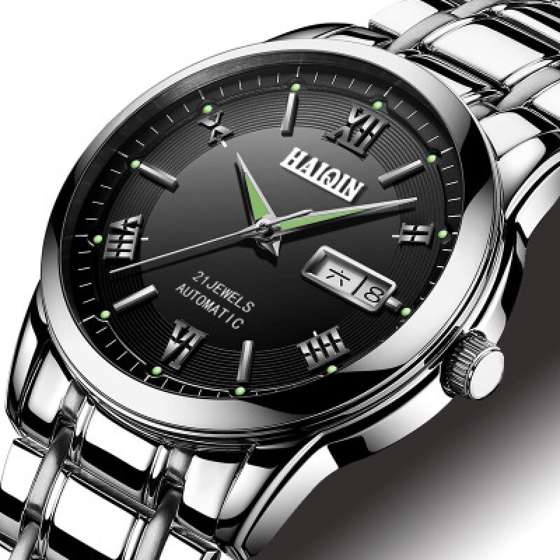 瑞士正品海琴手表男士全自动机械表双日历腕表防水夜光镂空男表