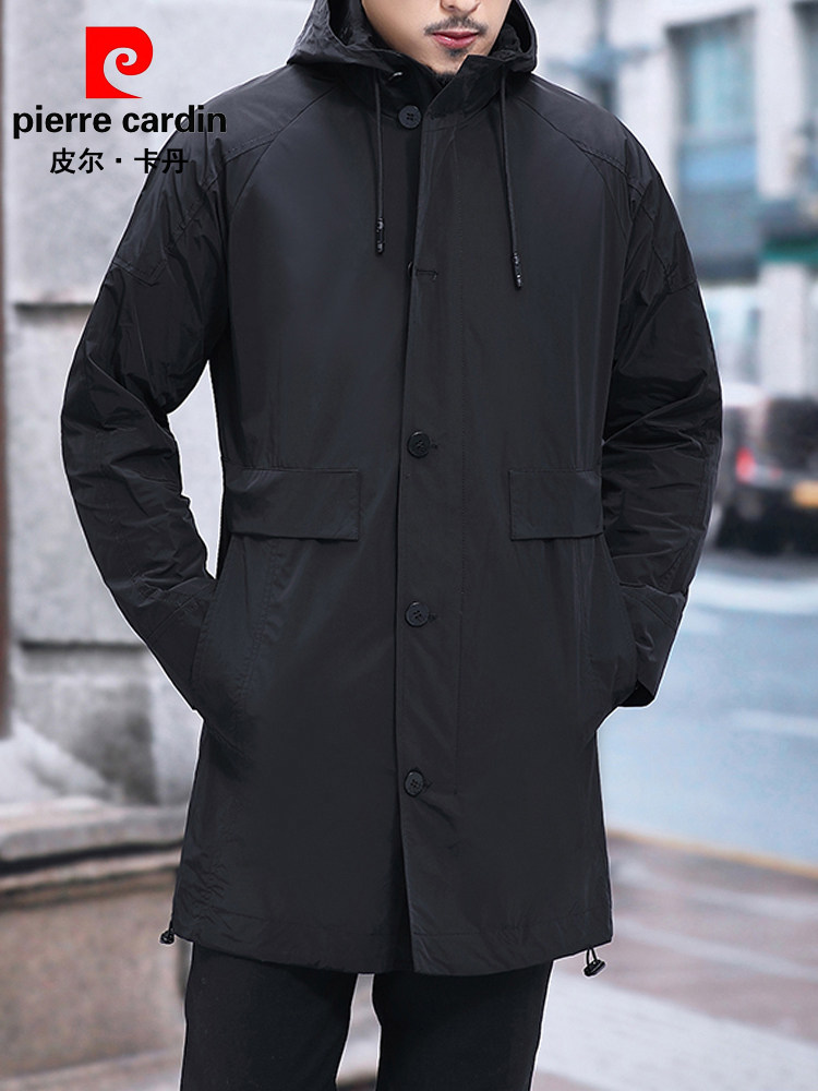 PIERRE CARDIN 2024 NEW MENS MIDDLE-AGED HOODED TRENCH COAT MID-LENGTH CASUAL THIN SPRING AND AUTUMN WINDBREAKER MEN