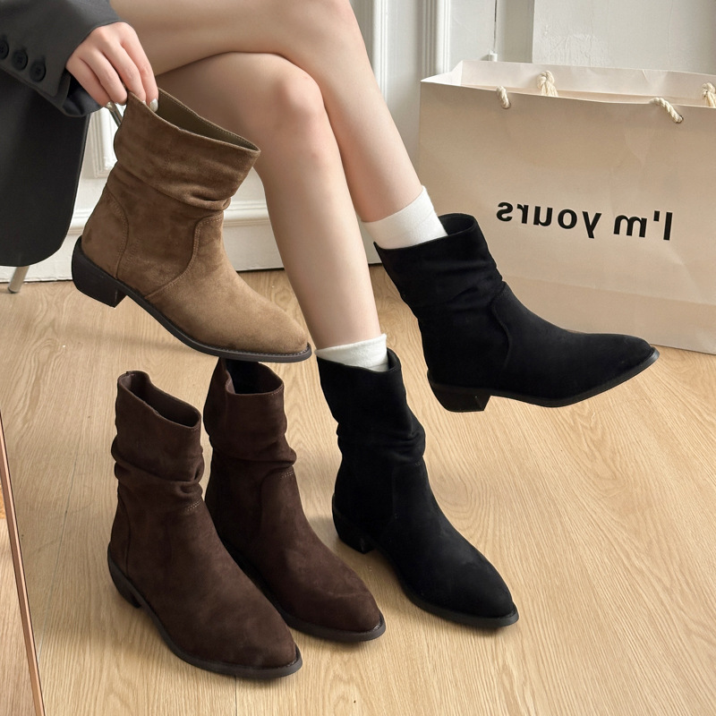 2025年巨好看的靴子美拉德复古擦色圆头粗跟堆堆西部靴纯色长筒靴