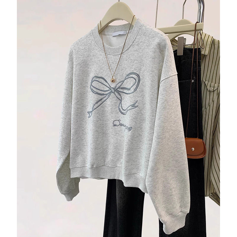 2024新款灰色蝴蝶结无帽套头卫衣女早秋秋季设计感长袖上衣秋
