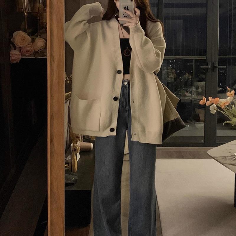 慵懒风毛衣女秋冬新款爆款上衣宽松显瘦百搭领针织开衫外套