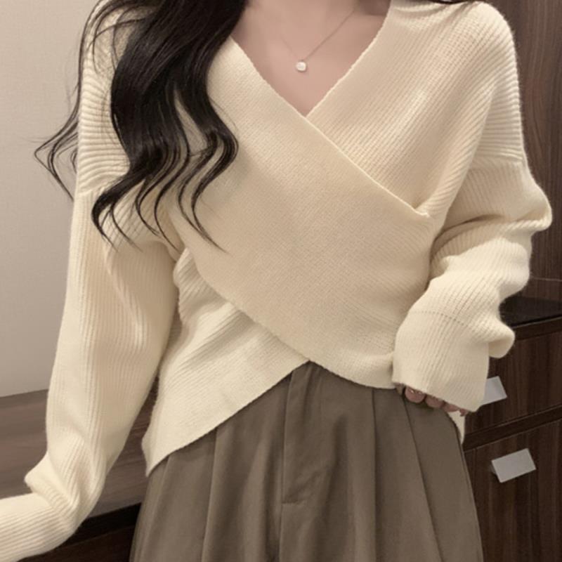 大码遮肚子领交叉毛衣针织衫女秋冬胖修身显瘦内搭上衣打底衫