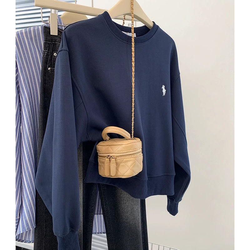 2024新款小个子藏青色圆领长袖套头卫衣女春秋季宽松显瘦无帽上衣