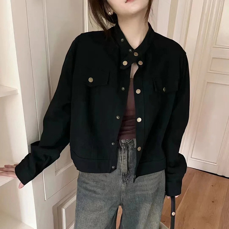 大码美式立领工装外套女春秋款胖宽松显瘦复古短款夹克黑色上衣