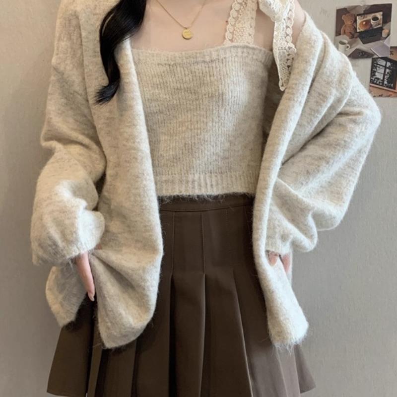 秋冬新款加厚长袖毛衣外套大码女装胖针织吊带两件套装上衣