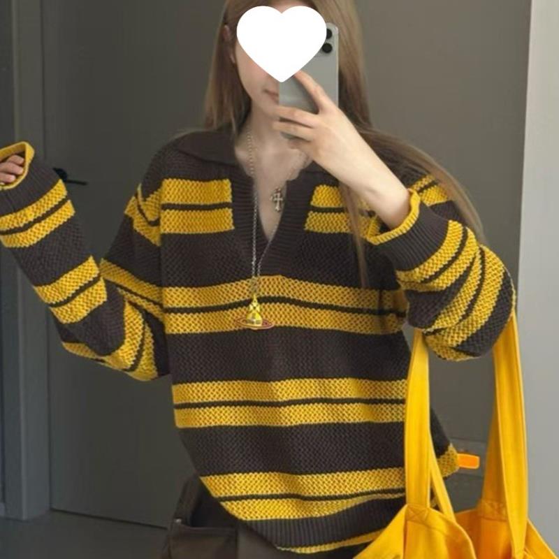 大码胖黄色条纹领针织衫长袖女新款秋冬慵懒宽松显瘦上衣
