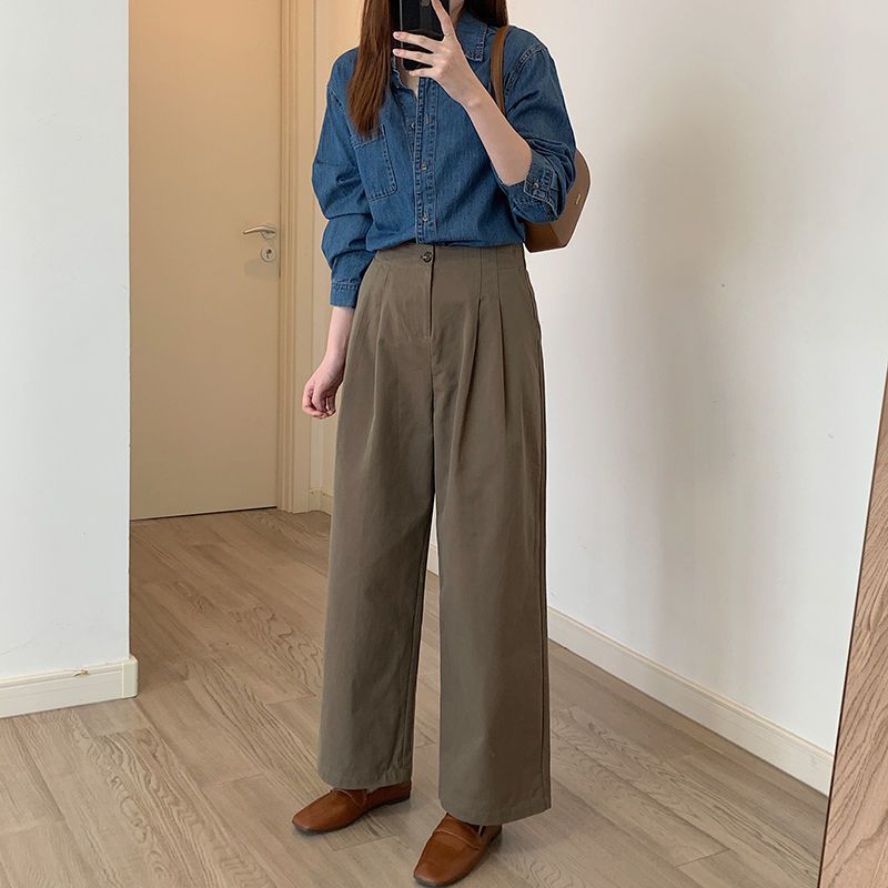复古简约高腰工装裤女新款宽松 休闲裤新品气质百搭直筒裤呢子