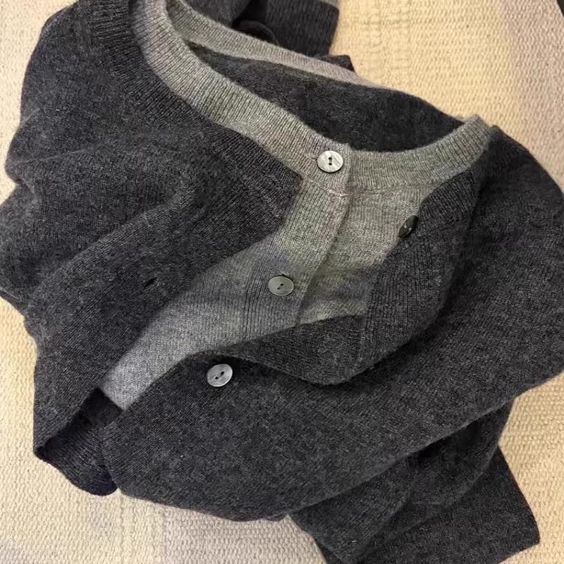 格雷系秋冬撞色假两件针织开衫女慵懒高级感毛衣外套早秋穿搭上衣