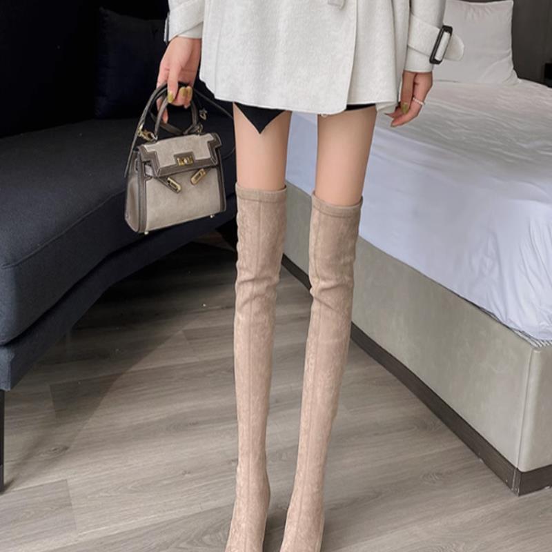 长筒靴女弹力长靴尖头高跟靴子女过膝靴绒面高筒靴卡其色