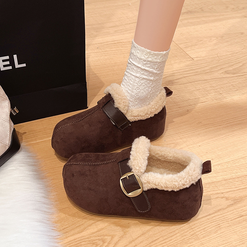 软皮内增高皮带扣勃肯鞋女2025冬新款加绒加厚一脚蹬懒人保暖棉鞋