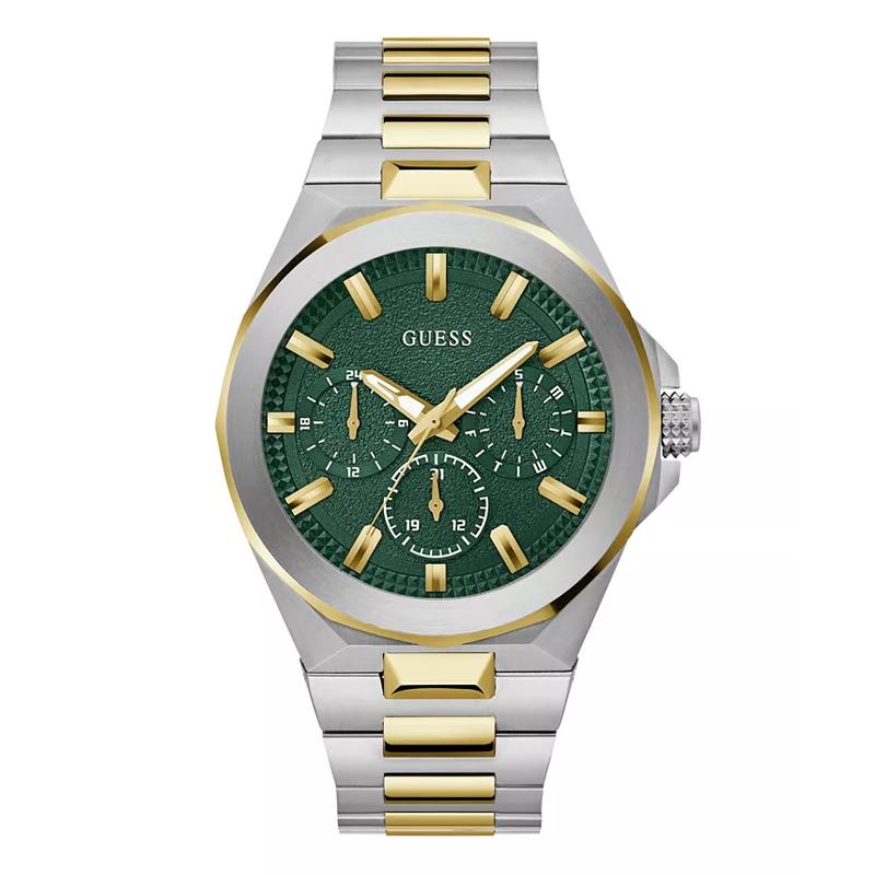 代购GUESS男士腕表计时多功能日期夜光双色钢带绿色防水商务运动