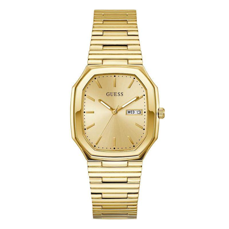 代购GUESS女士腕表日期防水夜光计时金色金属钢带矩形商务日常