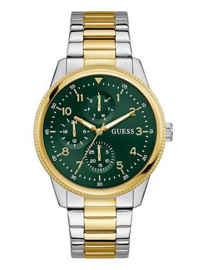 代购GUESS男士腕表多功日历夜光防水双色钢带绿色44mm商务运动
