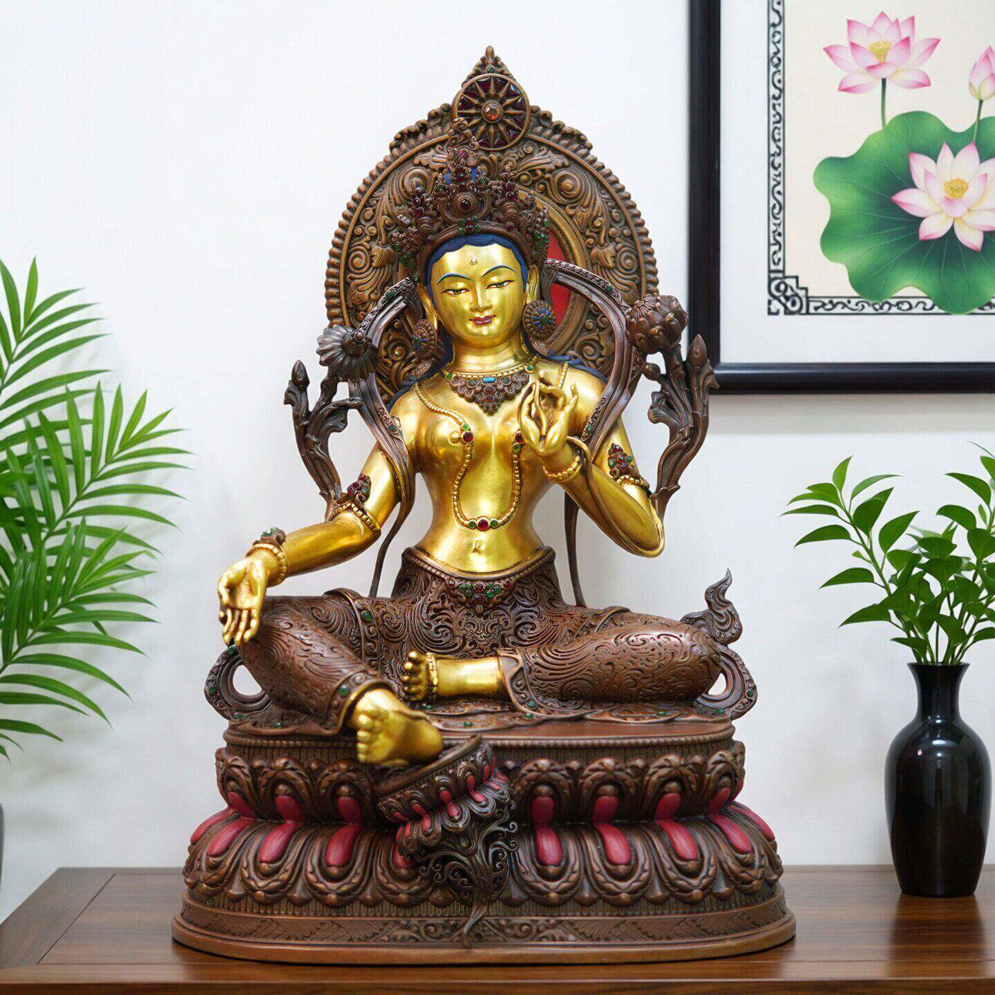 尼泊尔工艺紫铜鎏24k真金绿度母佛像 纯铜手工錾刻装饰供奉摆件