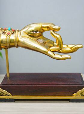 尼泊尔工艺黄铜金色佛手弹指一挥天眼镶嵌彩珠手工錾刻工艺品摆件