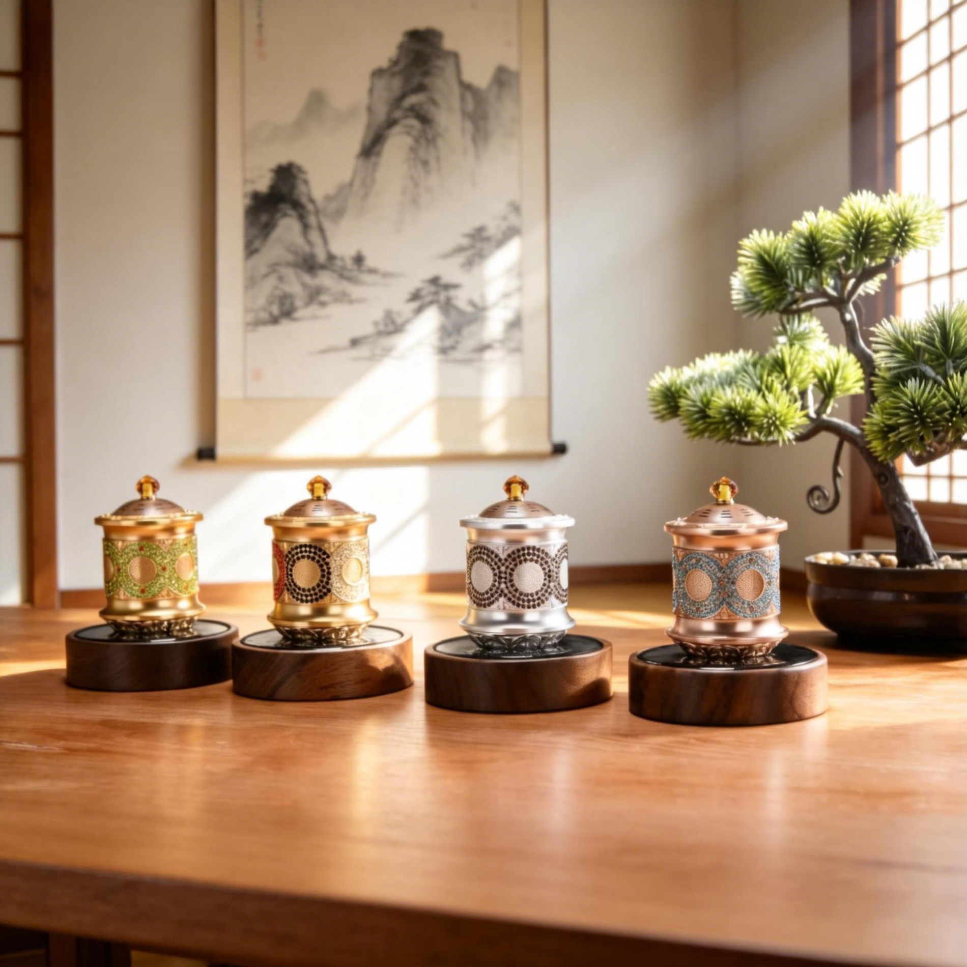 车载太阳能转金轮甲辰龙天然胡桃木镶钻k金电镀家用车载香薰