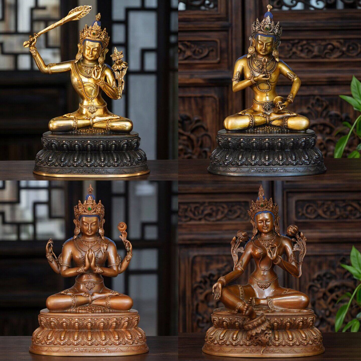 紫铜仿古金色绿度母文殊金刚萨埵大白伞观音车载随身小佛像摆件