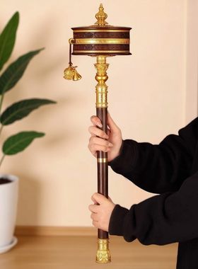 亚青si大号黄铜转简手摇转金轮檀木手柄手持转轮转桶摆件长约65cm