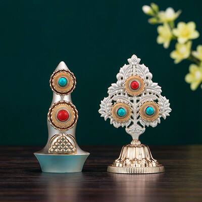 纯铜朵玛食子花供具用品镶嵌彩珠八供养组合套装佛前供奉摆件