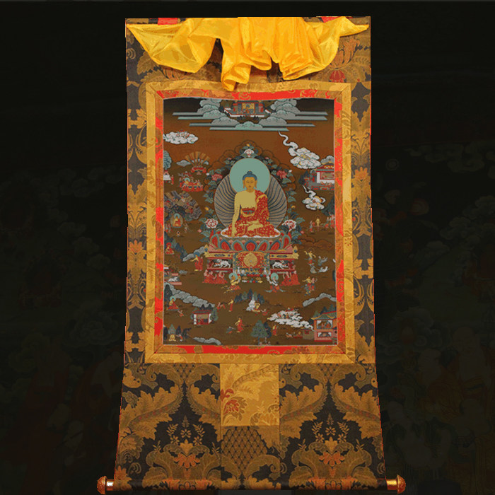 释迦佛传记精品唐卡 西藏挂画 普瑞德手工精裱布印金线唐卡佛像