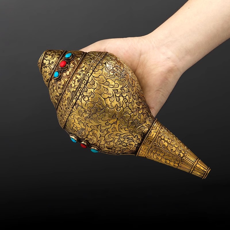 纯铜手工雕花尼泊尔海螺复古做旧居家八供摆件用品大号海螺24cm