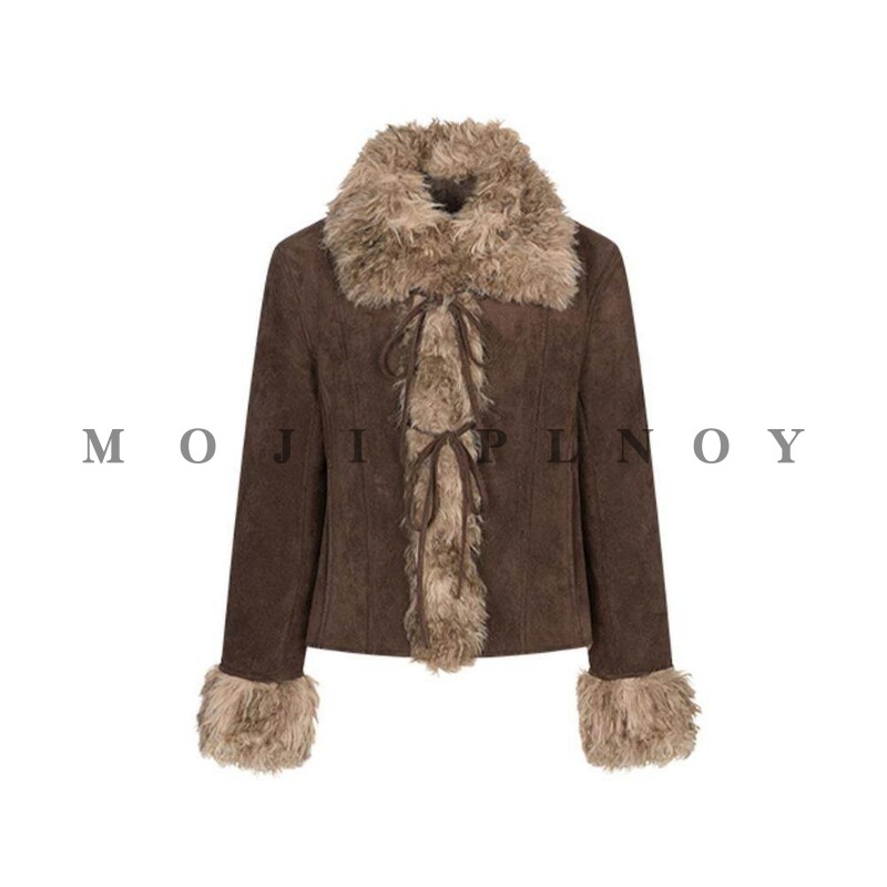 MOJI PLNOY巨好看的复古风鹿皮绒厚夹克小个子短款皮毛一体外套女