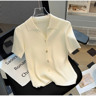 上衣薄款 白色百搭修身 显瘦正肩针织衫 女 单排扣开衫 短袖 夏季 polo衫
