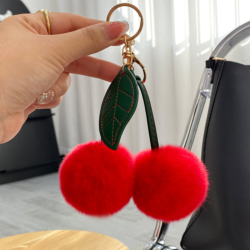 REAL OTTER RABBIT FUR SMALL CHERRY CAR KEY CHAIN PENDANT INS PLUSH BALL CUTE SCHOOLBAG BAG ORNAMENT GIFT WOMEN