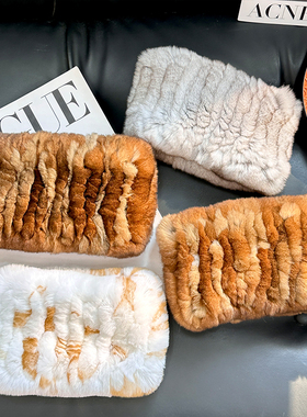 韩国真獭兔毛脖套女弹力围脖发带冬季百搭毛绒头套保暖皮草围巾