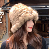 真兔毛帽子女秋冬加厚保暖皮草帽毛线帽显脸小毛毛护耳毛绒渔夫帽