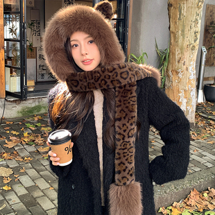冬季女帽子围巾一体豹纹耳朵仿狐狸毛风雪帽双层加厚毛毛绒显脸小