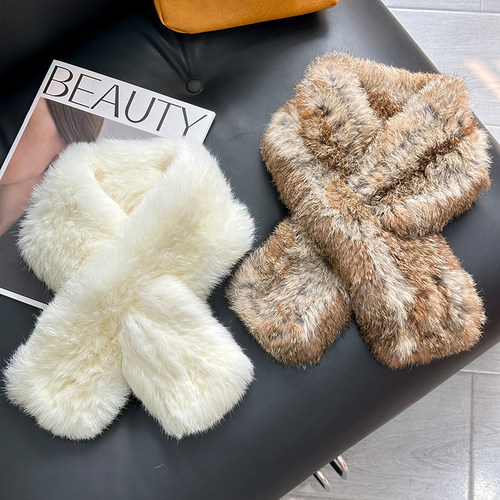 韩版兔毛皮草围巾编织兔毛围脖女