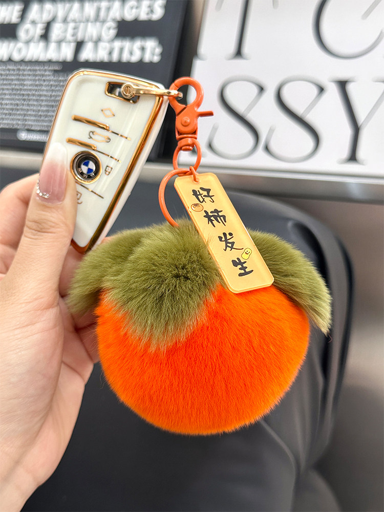 REAL OTTER RABBIT FUR SMALL PERSIMMON CAR KEY CHAIN PENDANT INS CUTE PLUSH BALL COUPLE SCHOOL BAG BAG ORNAMENT GIFT