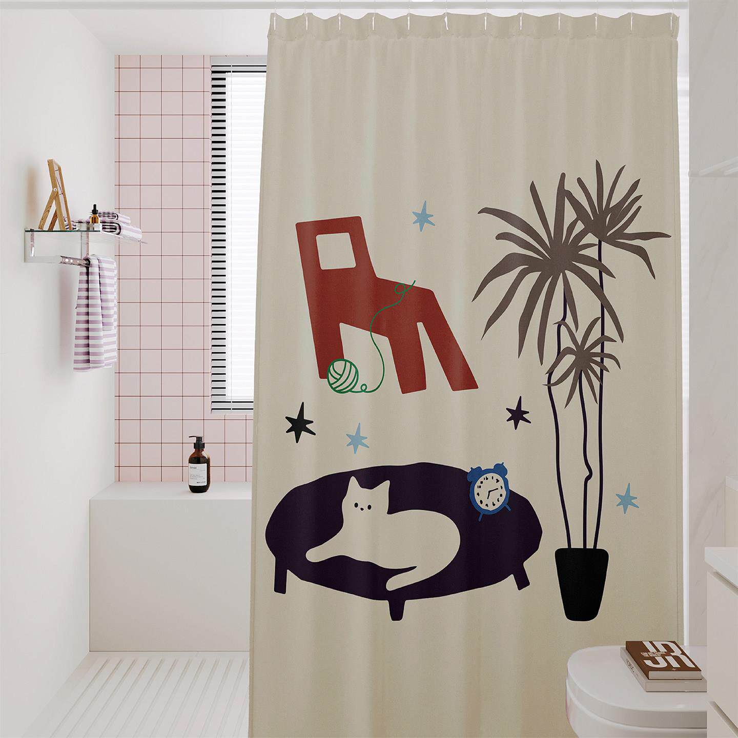 韩系复古卡通风浴室浴帘防水防霉速干免打孔淋浴房干湿分离隔断帘