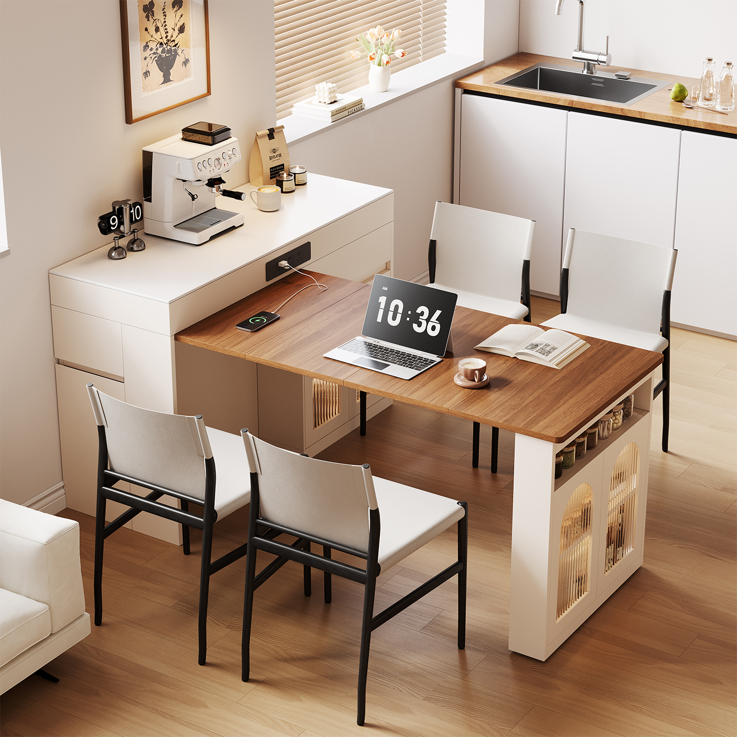 实木餐边柜餐桌一体可伸缩岛台