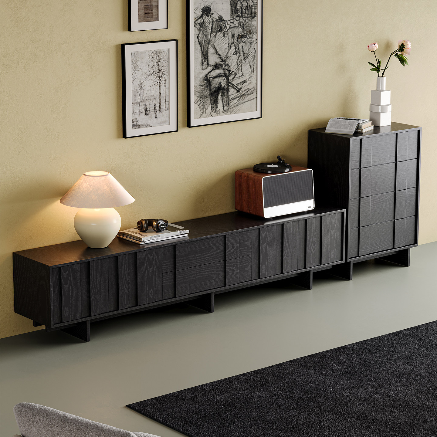 中古风高脚电视柜家用客厅靠墙小边柜高级感黑胡桃木色储物四斗柜,住宅家具,电视柜,淘宝优惠券,粉丝福利购,淘宝优惠卷