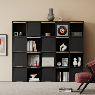 黑色实木落地书柜格子柜客厅模块组合矮杂志柜展示柜斗柜皮埃尔柜