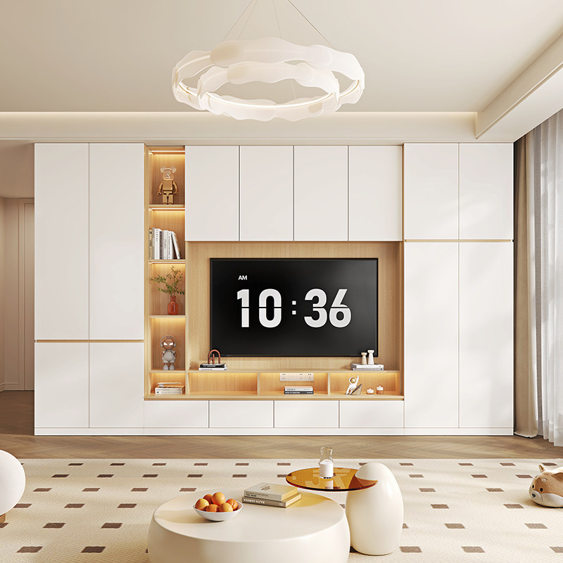 原木奶油风电视柜收纳储物柜一体客厅家用满墙落地加高款背景柜子