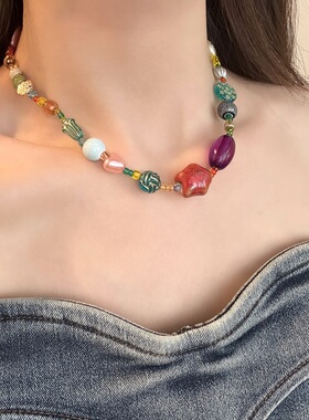 民族风多巴胺彩色星星串珠项链