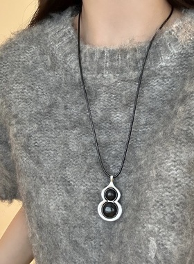 黑色葫芦吊坠长款可抽拉项链女