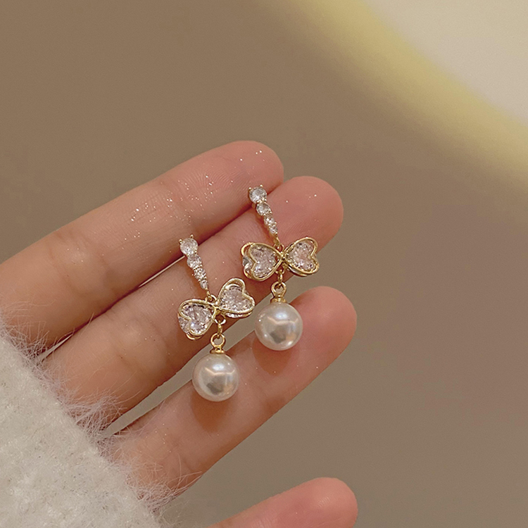 蝴蝶结珍珠水晶耳环女